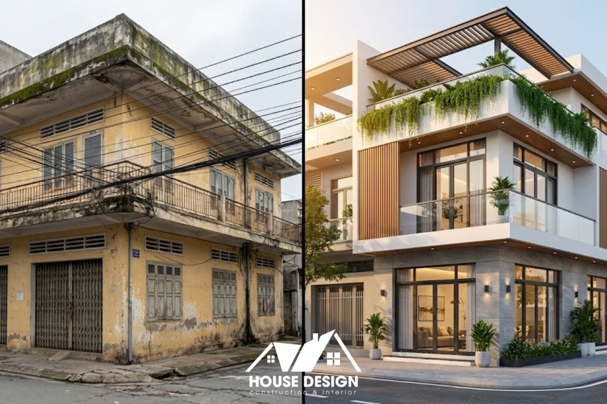 So sánh mặt tiền nhà ống 2 tầng cũ và sau khi cải tạo lên 3 tầng phong cách hiện đại với ban công kính và lam gỗ.