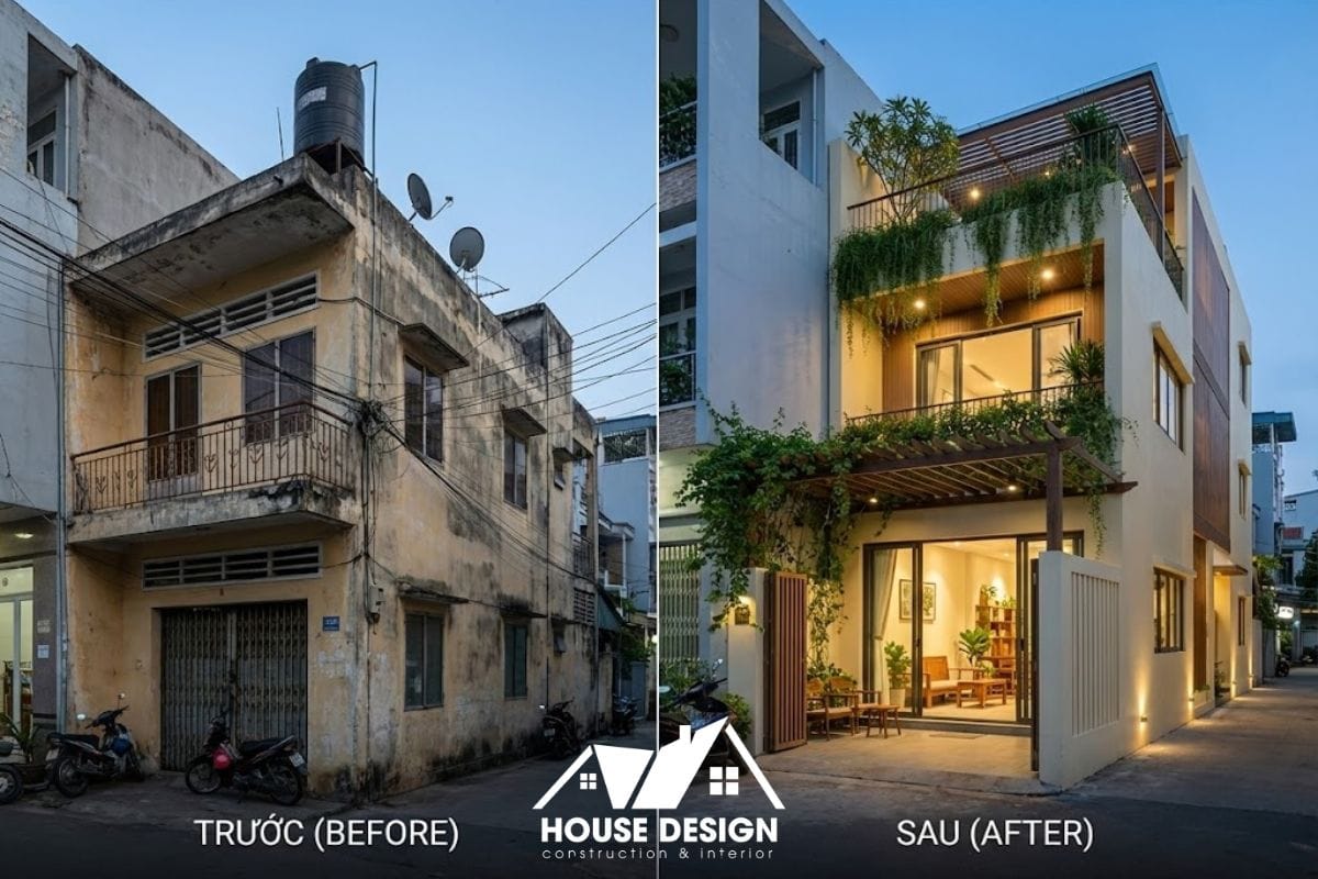 Minh họa giải pháp nâng tầng 3 tích hợp sân thượng trồng cây xanh và phòng thờ trang nghiêm từ nền nhà 2 tầng cũ.