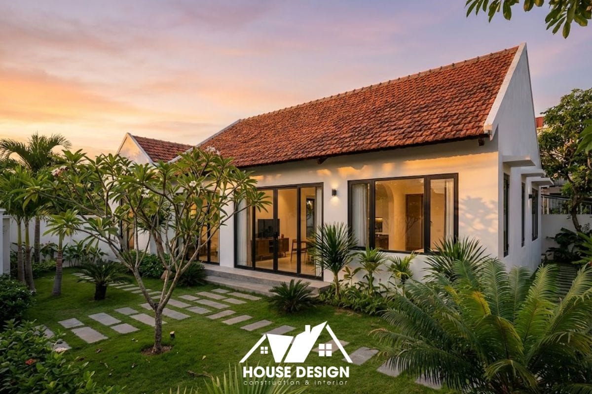 Mặt tiền nhà cấp 4 mái ngói sau khi cải tạo với phong cách hiện đại, sân vườn xanh mát và hệ thống chiếu sáng ấm cúng.