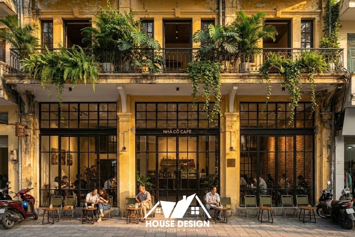 Mặt tiền quán cafe hiện đại được cải tạo từ nhà phố cũ với không gian mở và cây xanh.