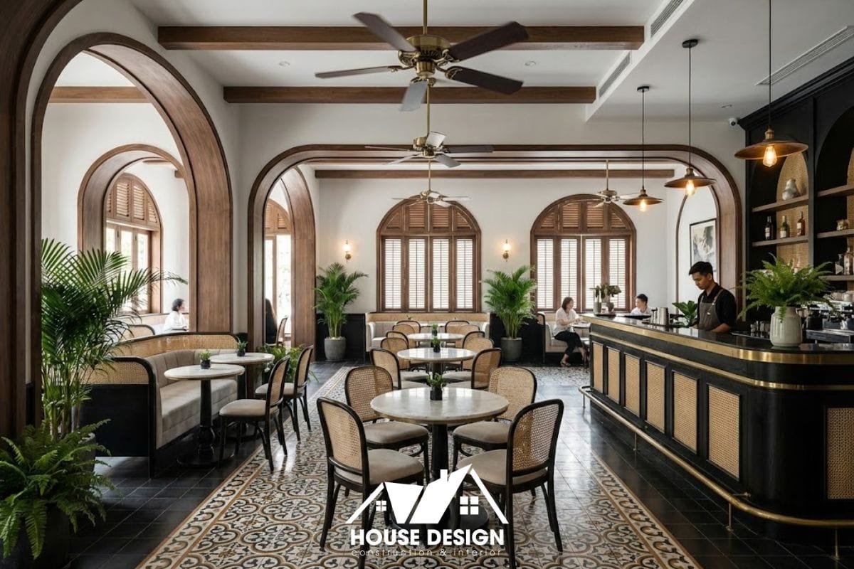 Không gian quán cafe phong cách Indochine với họa tiết Đông Dương và tông màu thanh lịch.