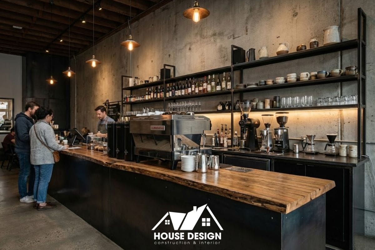 Khu quầy bar phong cách Industrial với bố cục gọn và vật liệu thép–gỗ.