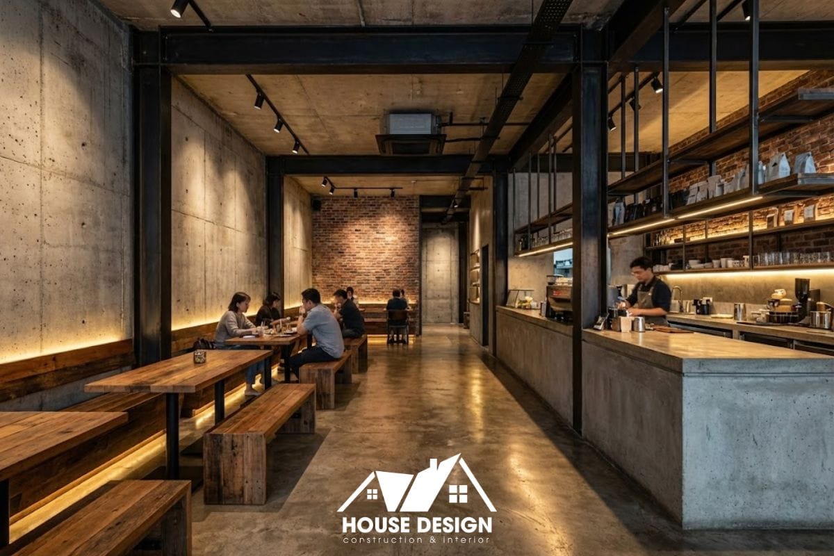 Không gian quán cafe phong cách Industrial với bê tông thô, thép đen và ánh sáng điểm nhấn.
