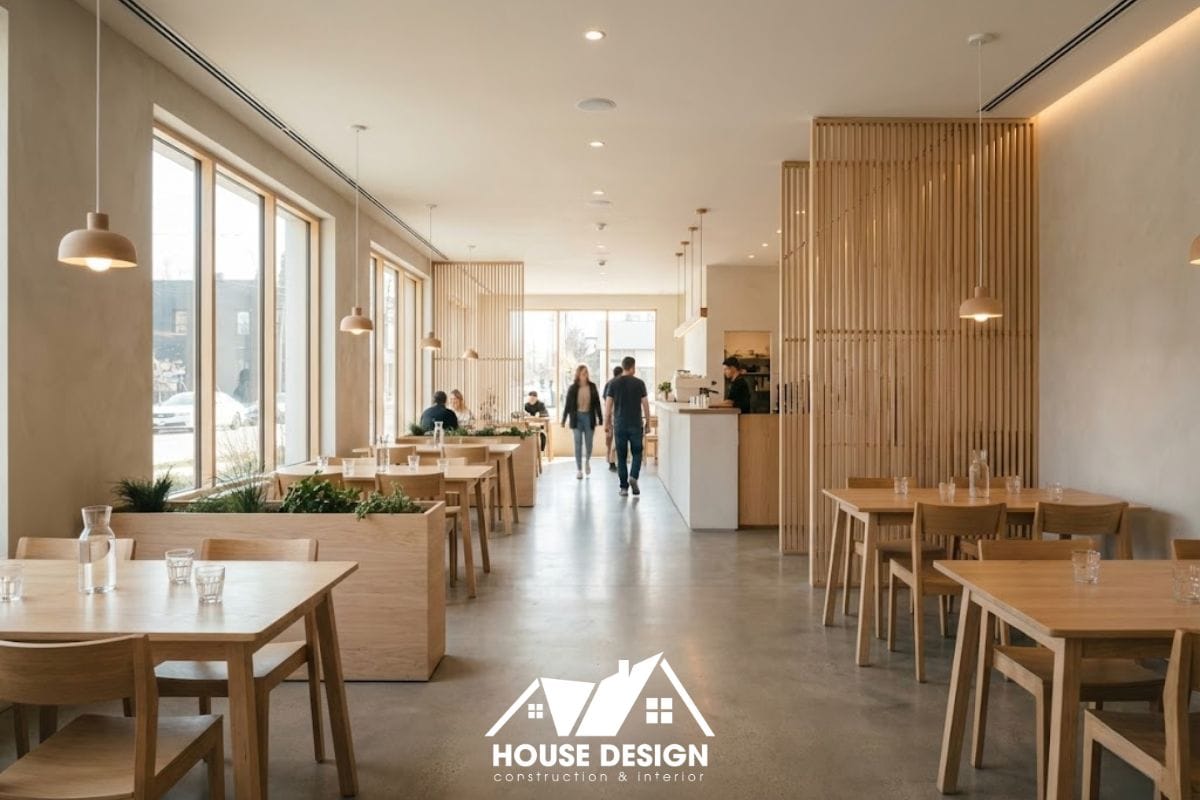 Bố trí khu ngồi thoáng và lối đi rõ trong quán cafe phong cách Minimal.