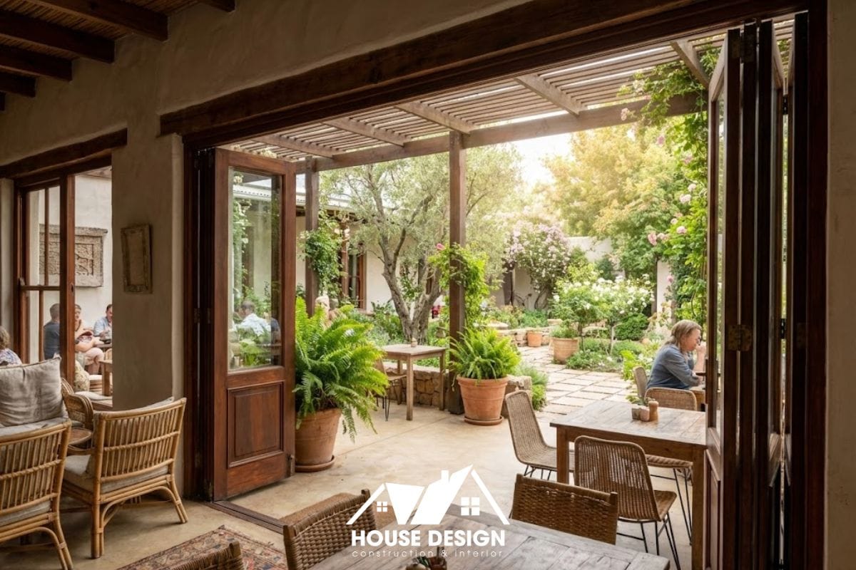 Không gian quán cafe sân vườn kết nối trong–ngoài, thoáng và dễ vận hành.