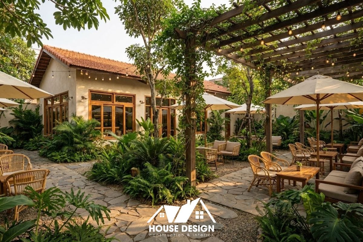 Quán cafe sân vườn nhiều cây xanh, phù hợp mô hình nhà cấp 4.