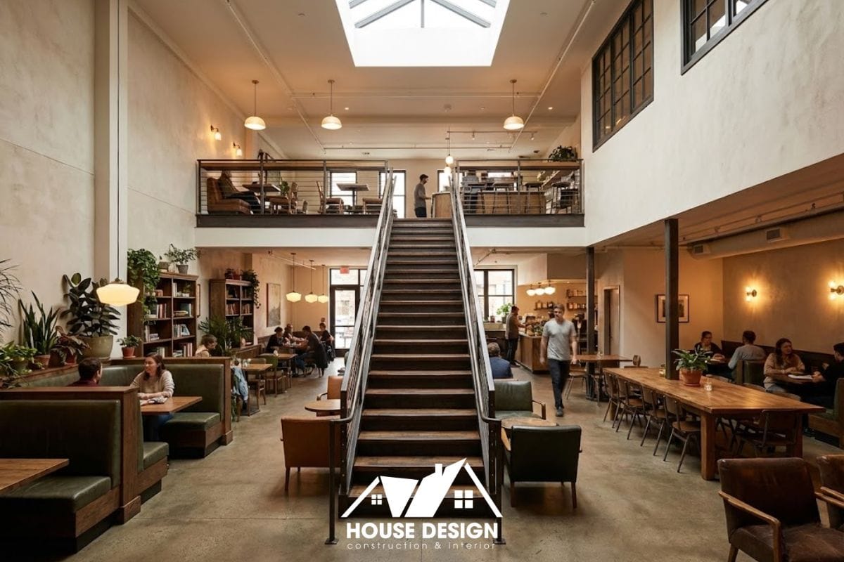 Không gian quán cafe nhiều tầng với cầu thang và phân khu rõ ràng, tối ưu vận hành.