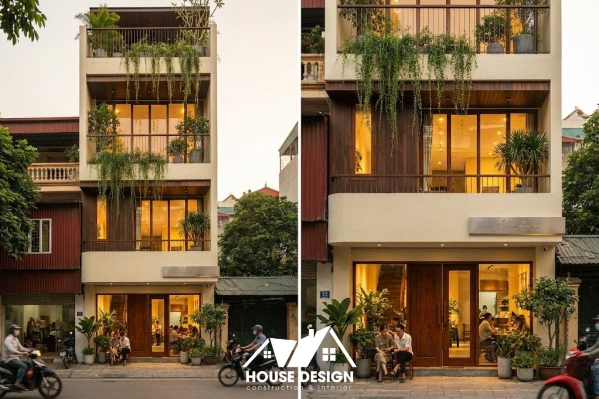 Mặt tiền quán cafe nhà phố nhiều tầng, tối ưu nhận diện và luồng khách.