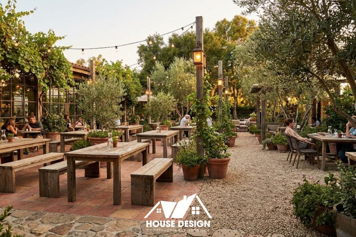 Không gian mở phong cách Rustic với vật liệu mộc và nhiều mảng xanh.