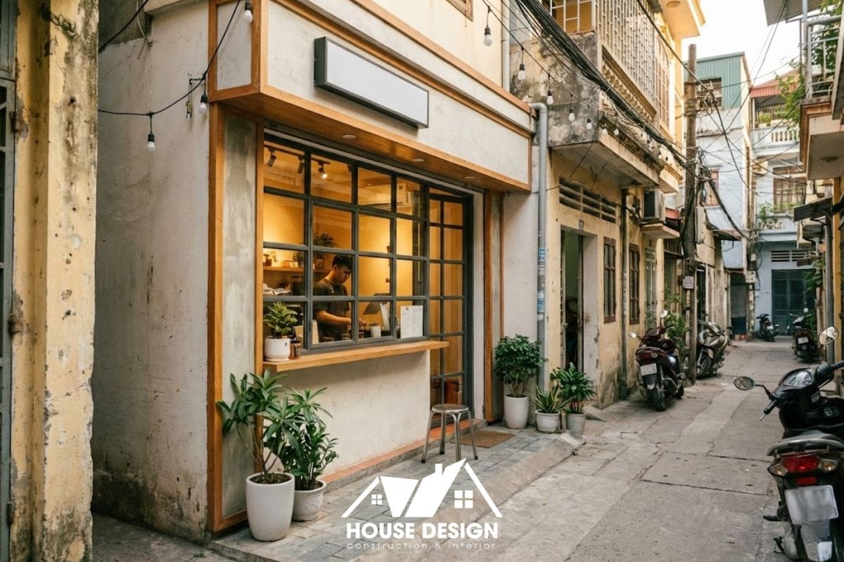 Quán cafe take-away trong hẻm với mặt tiền nhỏ, tối ưu nhận diện và phục vụ nhanh.
