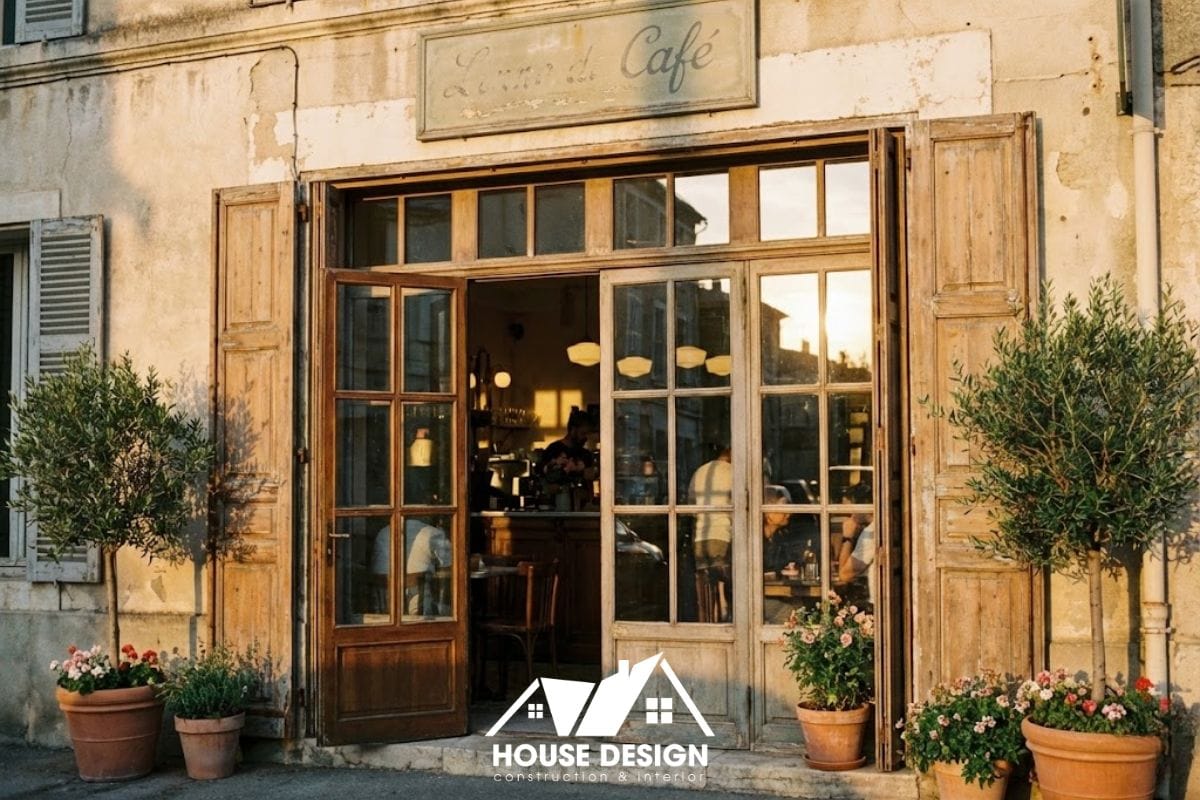 Mặt tiền quán cafe phong cách Vintage với tông ấm và biển hiệu tối giản.