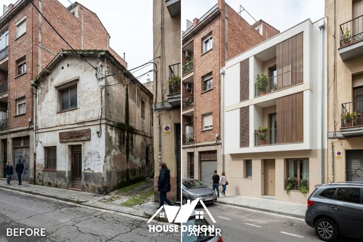 Hiện trạng nhà 2 tầng kẹp giữa hai nhà hàng xóm và kết quả sau khi nâng lên 3 tầng khéo léo, đồng bộ hạ tầng.