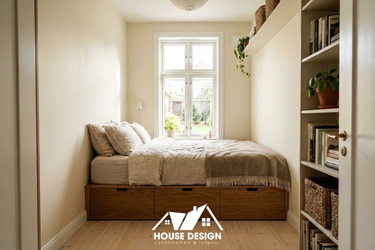 Không gian phòng kho nhỏ hẹp được cải tạo thành phòng ngủ tiện nghi với ánh sáng đầy đủ.