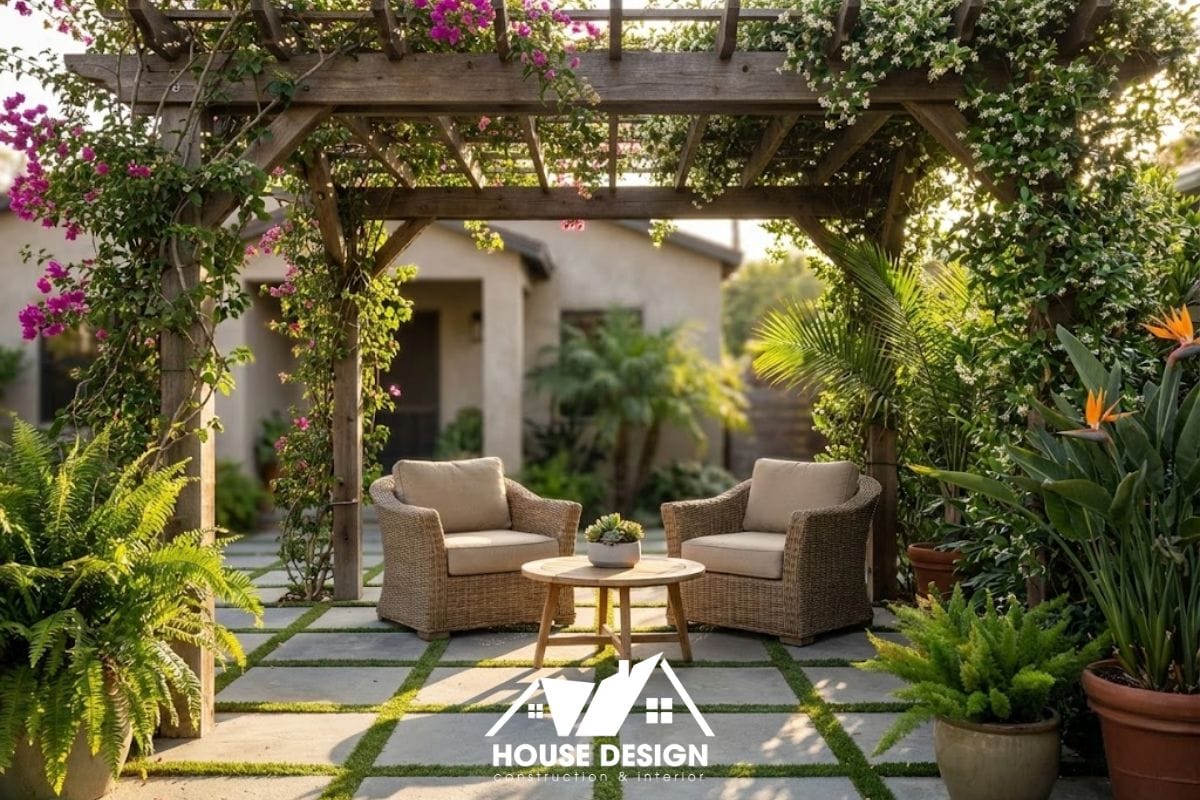 Góc sân vườn trước nhà cấp 4 sau khi cải tạo được lát đá sạch sẽ, bố trí cây xanh và bộ bàn ghế thư giãn ngoài trời.