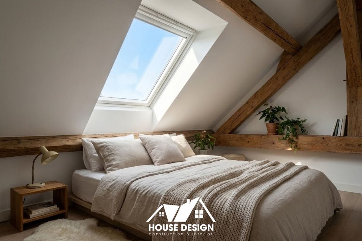 Phòng ngủ nhỏ ấm cúng được cải tạo từ tầng áp mái, tận dụng độ dốc của mái ngói và cửa sổ trời lấy sáng.