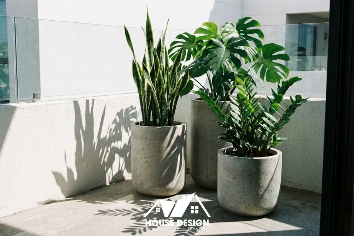 Các chậu cây xương rồng và cây xanh nhiệt đới được bố trí gọn gàng trên ban công chung cư tối giản.