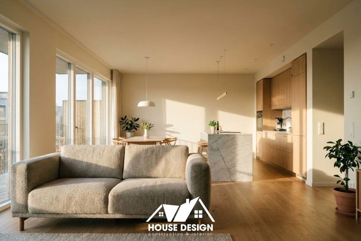 Không gian nội thất phòng khách liền bếp hiện đại của nhà cấp 4 60m2 sau khi cải tạo trọn gói bởi House Design.