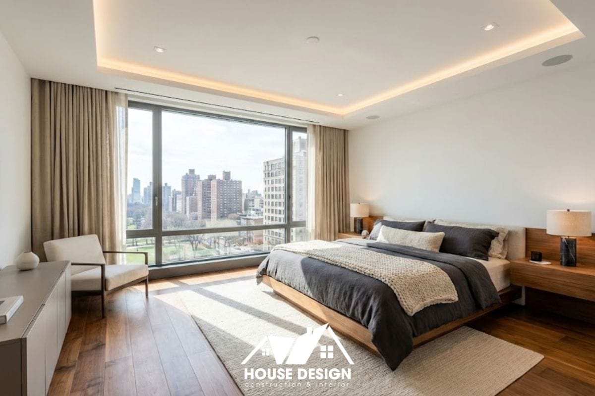 Không gian phòng ngủ master hiện đại trên tầng 3 sau khi cải tạo hoàn thiện với sàn gỗ và trần thạch cao.