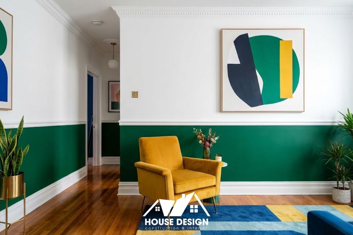 Thiết kế chung cư phong cách tân cổ điển phối màu Color Block táo bạo với mảng tường xanh lục bảo và trắng.