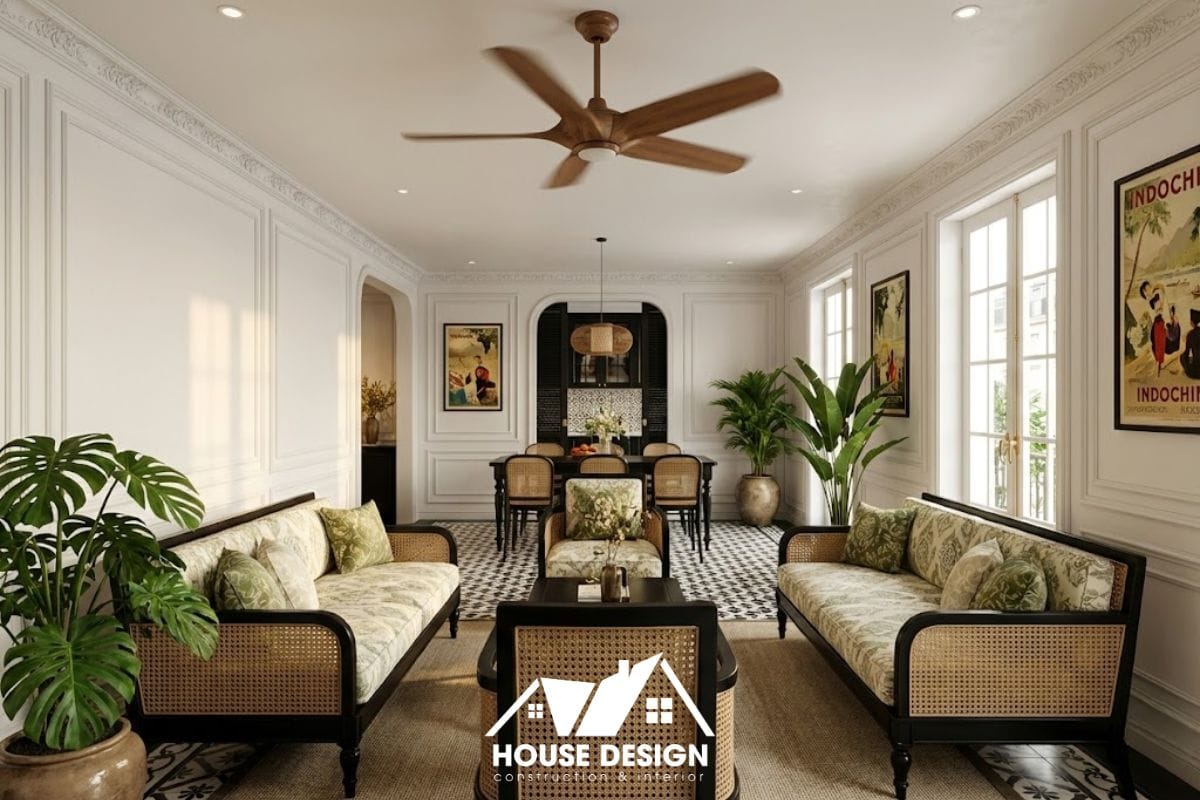 Không gian chung cư phong cách tân cổ điển giao thoa Indochine với nội thất gỗ đen, mây tre và gạch bông Á Đông.