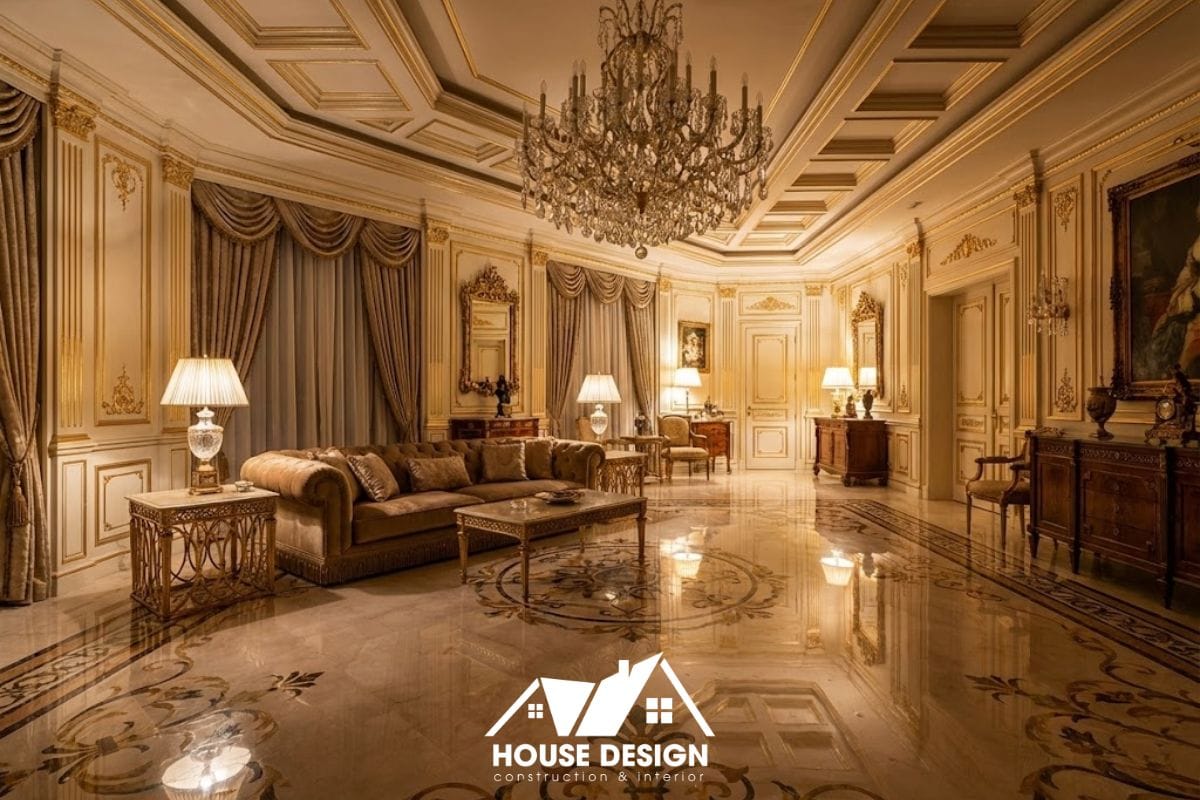 Nội thất chung cư phong cách tân cổ điển Luxury cao cấp với sàn đá marble vân mây và chi tiết mạ vàng lộng lẫy.