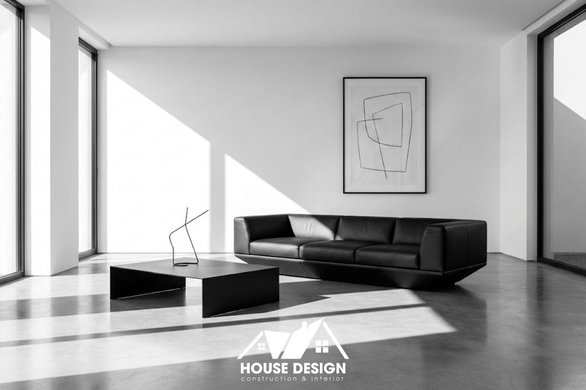 Phòng khách chung cư phong cách tối giản nguyên bản với tông màu đen trắng và đường nét hình học sắc sảo.