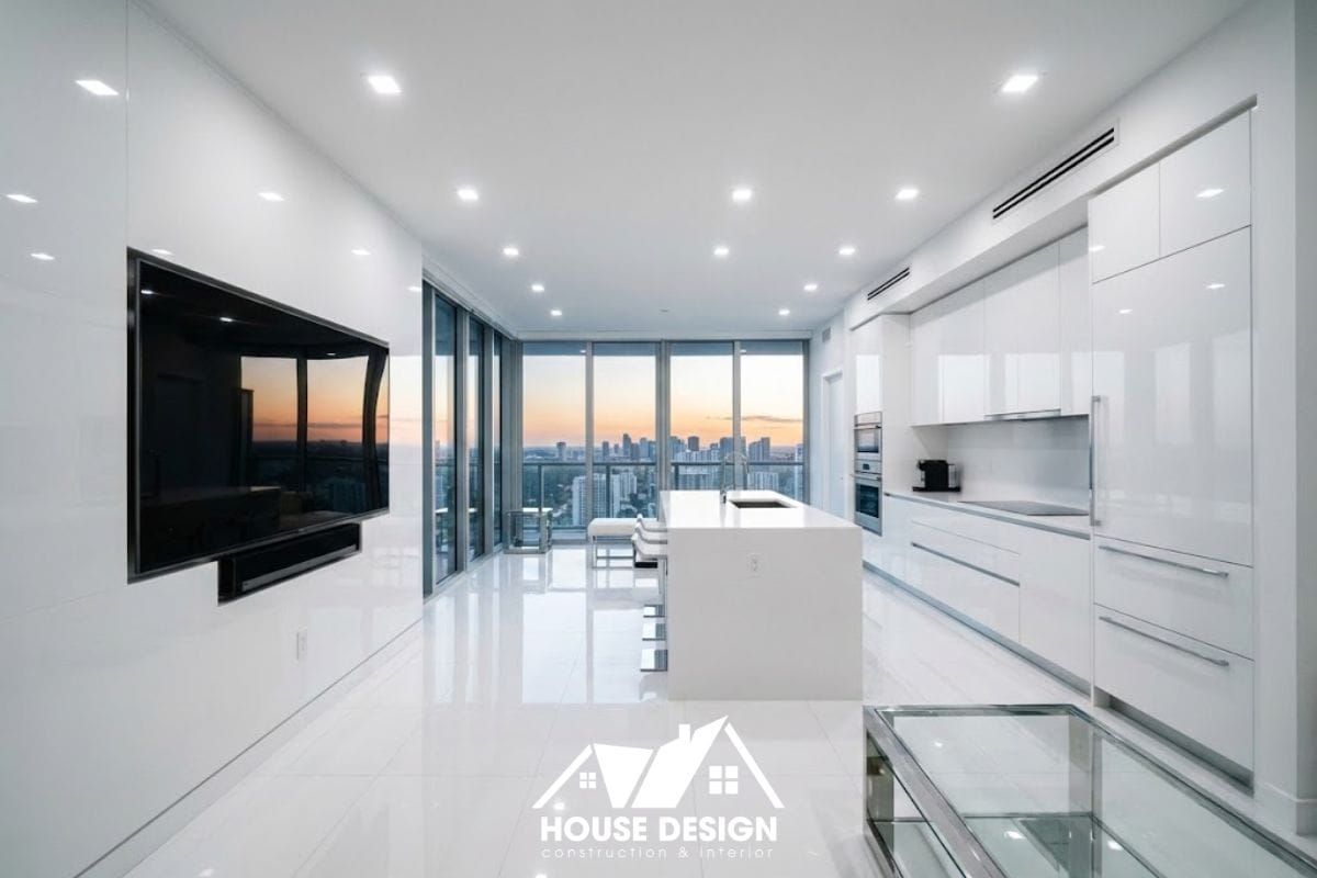 Căn hộ chung cư phong cách tối giản hiện đại với nội thất thông minh và bề mặt bóng bẩy.