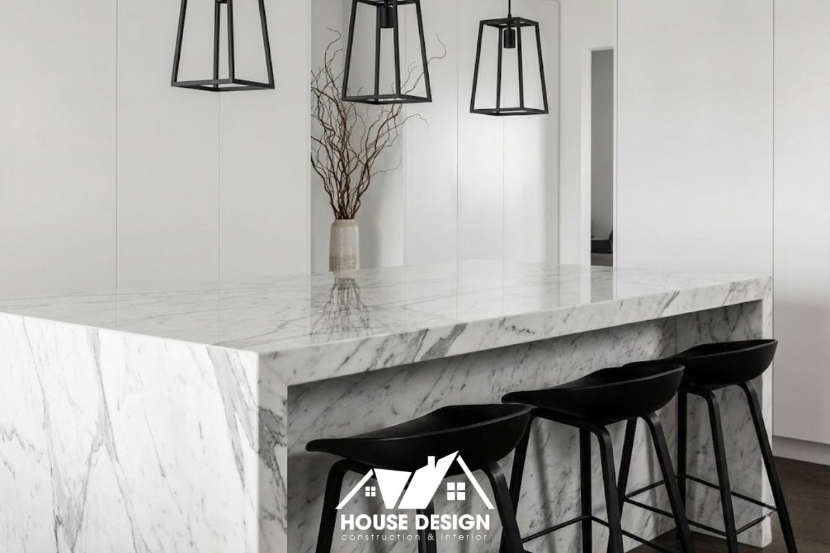 Đảo bếp ốp đá Marble nguyên khối trong căn hộ chung cư phong cách tối giản cao cấp.