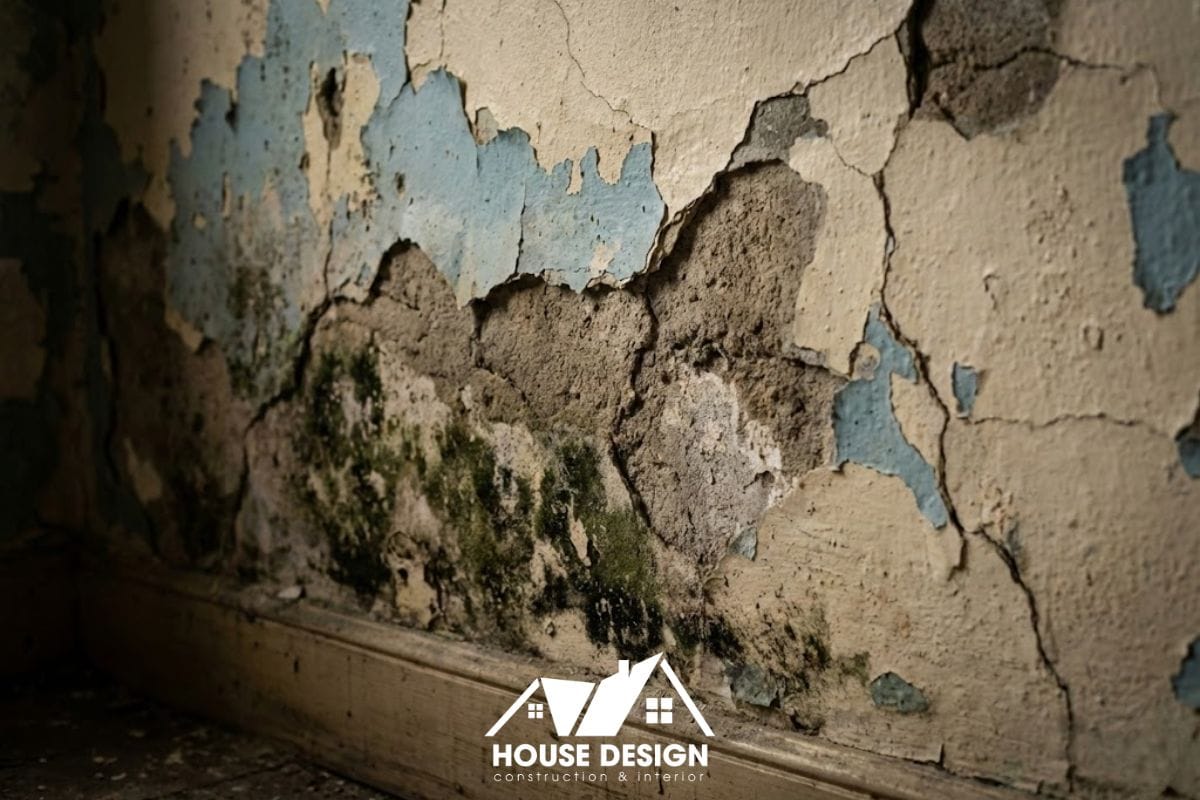 Tường nhà cấp 4 cũ bị bong tróc sơn và ẩm mốc chân tường nghiêm trọng cần xử lý chống thấm.