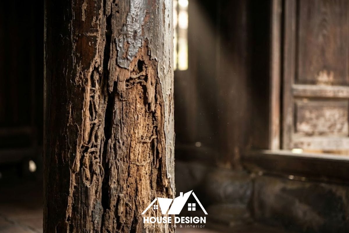 Cận cảnh chân cột nhà gỗ cũ bị mối mọt ăn rỗng và nứt nẻ nghiêm trọng cần xử lý ngay