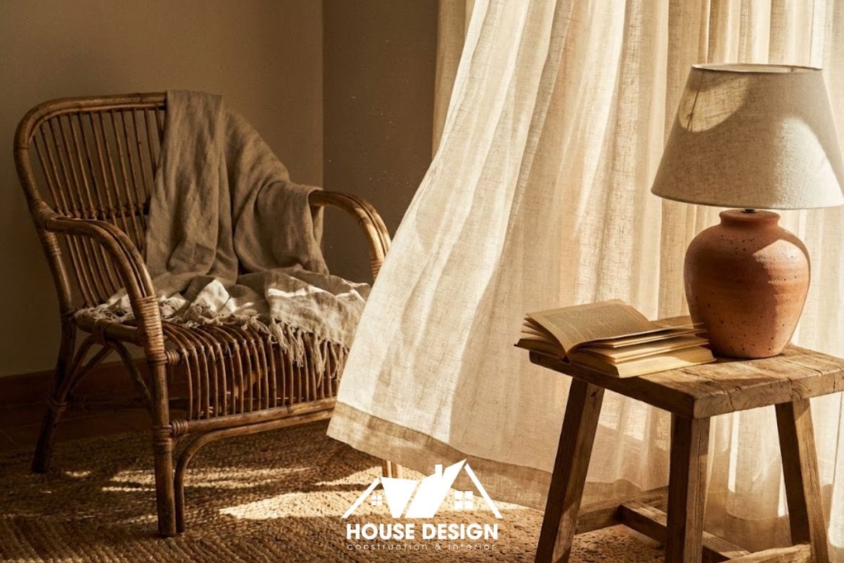 Góc thư giãn bên cửa sổ với ghế mây, đèn gốm và rèm vải linen đón nắng, thể hiện chất mộc mạc.