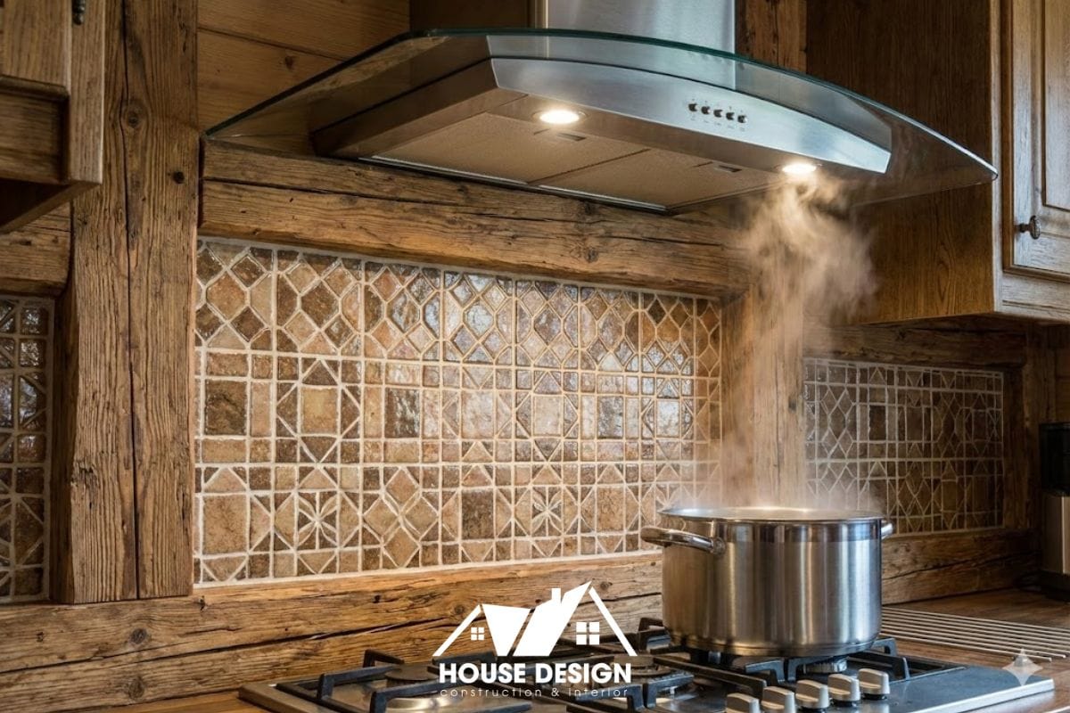 Tường bếp được ốp gạch men chịu nhiệt và hệ thống hút mùi hiện đại giúp bảo vệ kết cấu gỗ.