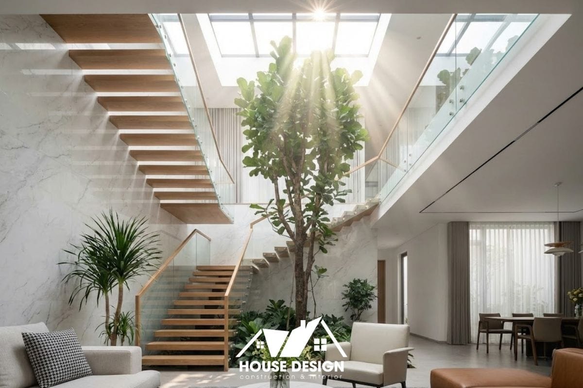 Góc nhìn từ dưới lên khu vực giếng trời kết hợp cầu thang xương cá, ánh sáng tràn ngập không gian.