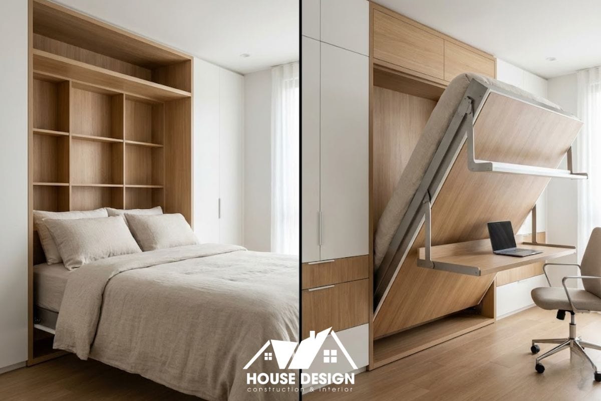 Giường gấp thông minh (Murphy bed) kết hợp hệ tủ lưu trữ giúp tiết kiệm diện tích tối đa.