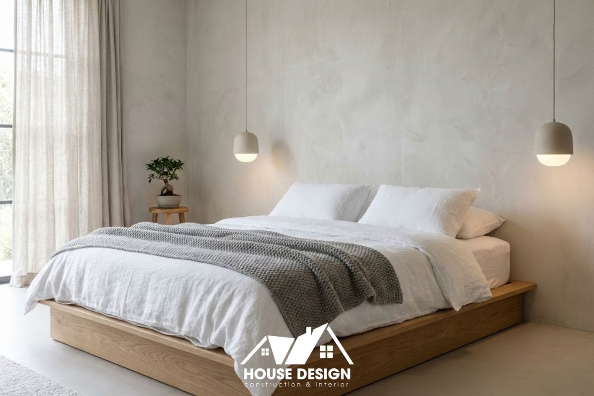 Giường ngủ dạng bệt kiểu Nhật trong phòng ngủ chung cư phong cách tối giản giúp trần nhà trông cao hơn.