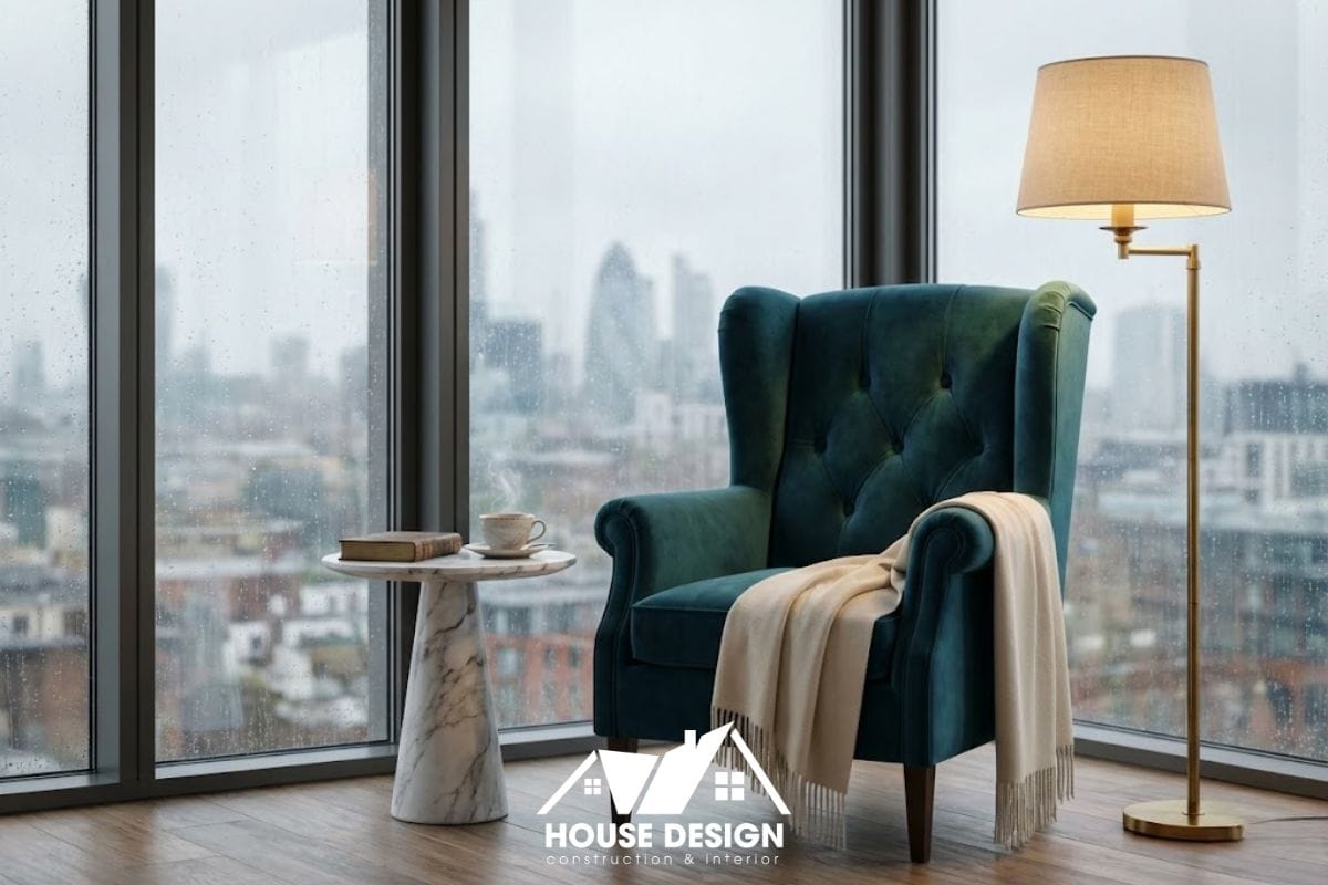 Ghế thư giãn đọc sách bên cửa sổ kính lớn trong không gian chung cư phong cách tân cổ điển.