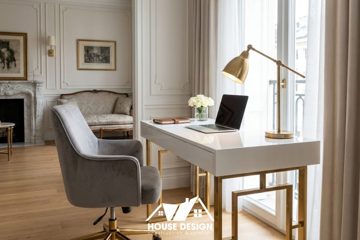 Bàn làm việc tại nhà phong cách tân cổ điển với ghế bọc nhung và đèn bàn sang trọng trong căn hộ chung cư.