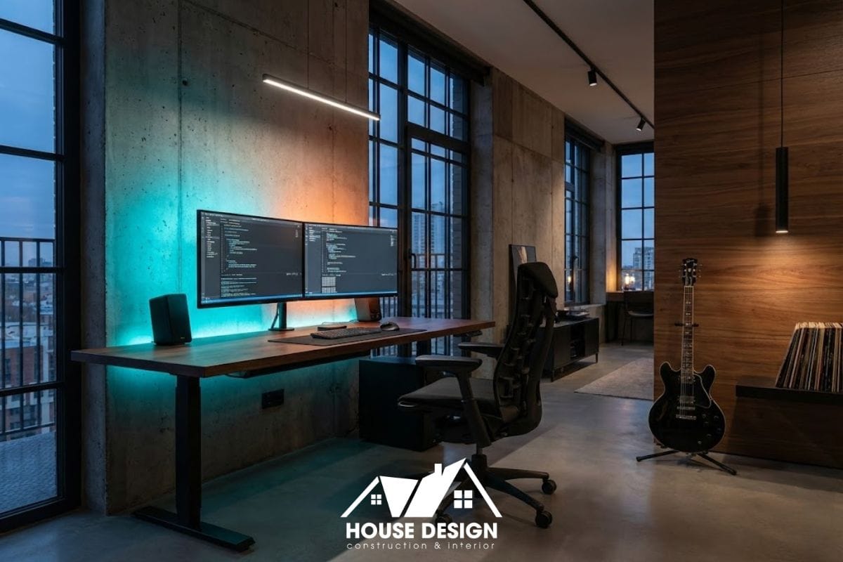 Góc làm việc kết hợp giải trí với thiết lập màn hình đôi trong căn hộ chung cư phong cách tối giản cho người độc thân.