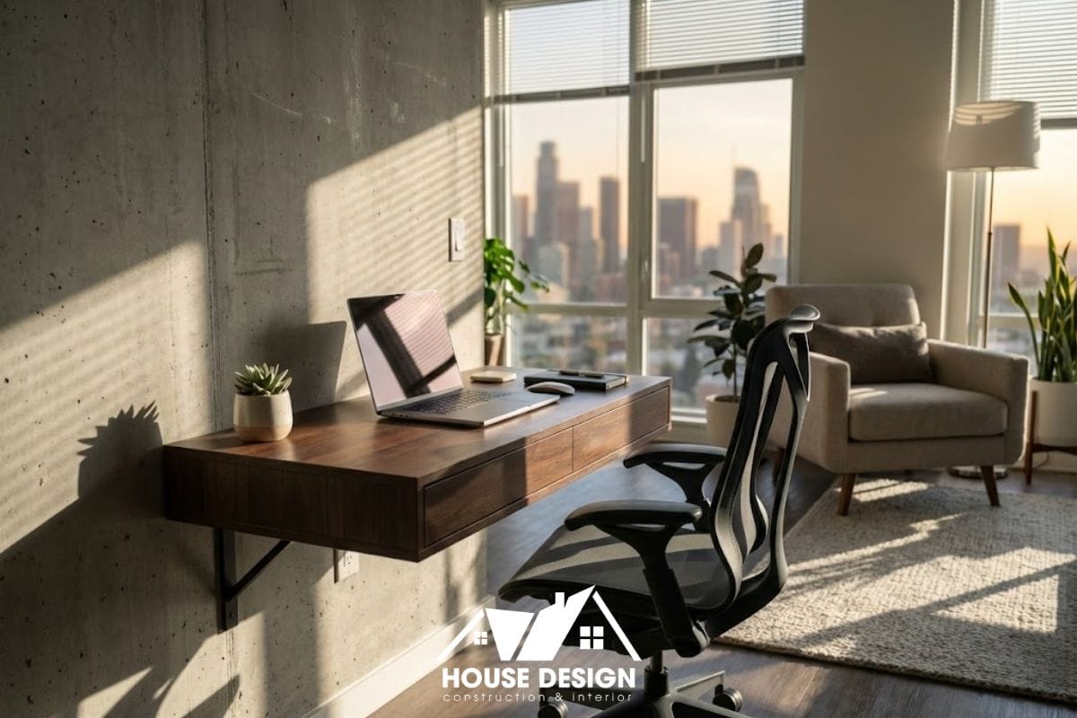 Góc làm việc nhỏ gọn được tích hợp khéo léo bên cạnh cửa sổ trong chung cư phong cách tối giản.