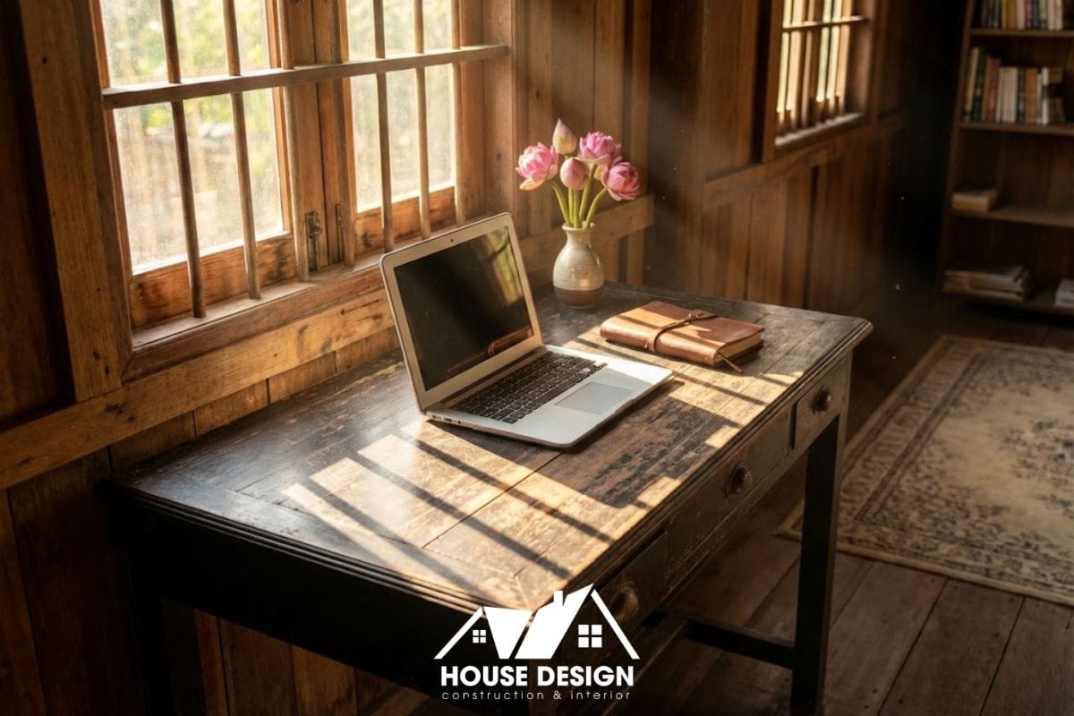 Góc làm việc nhỏ gọn bên cửa sổ trong phòng ngủ nhà gỗ, tận dụng ánh sáng tự nhiên.