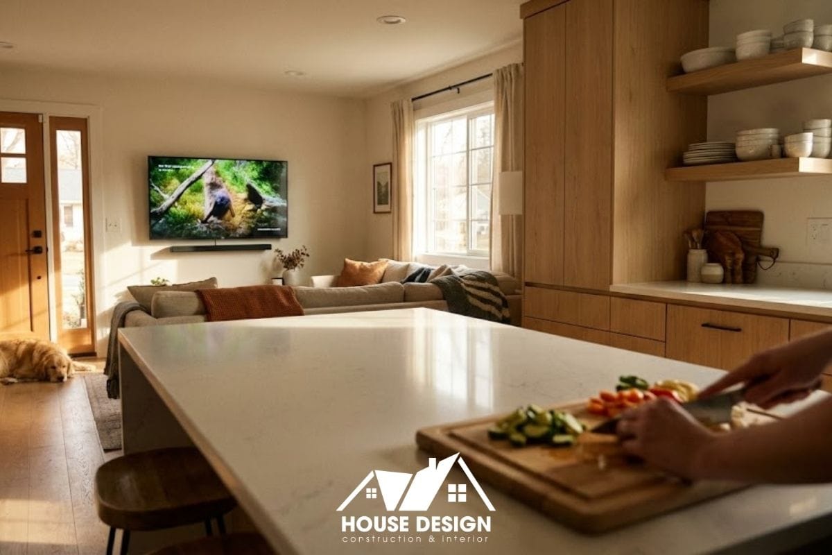 Góc nhìn từ quầy bếp hướng ra phòng khách, cho thấy sự kết nối tầm nhìn giúp người nội trợ dễ dàng tương tác với gia đình.