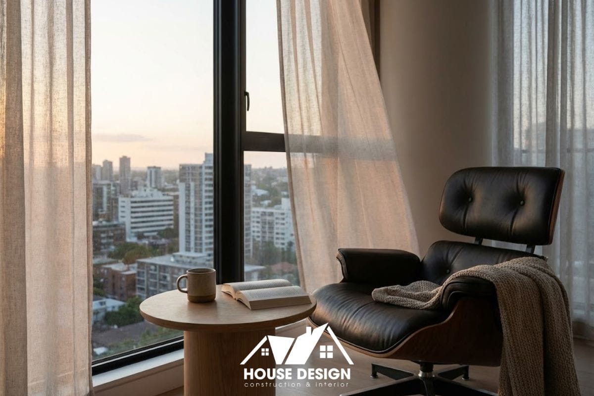 Ghế thư giãn đặt cạnh cửa sổ kính lớn trong căn hộ chung cư phong cách tối giản.