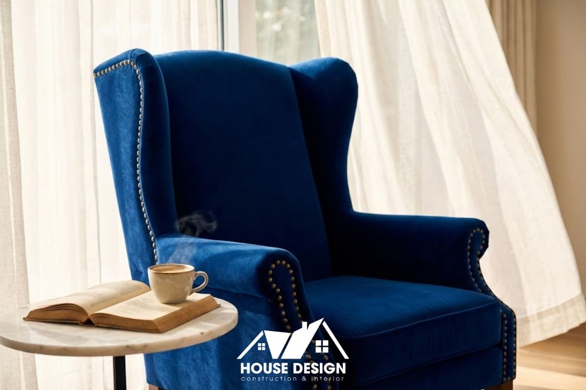 Góc thư giãn bên cửa sổ với ghế đơn bọc nhung xanh trong căn hộ chung cư phong cách tân cổ điển.