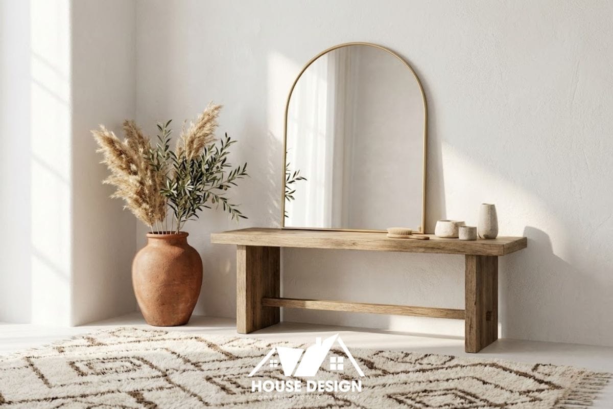 Góc trang điểm tinh tế trong phòng ngủ chung cư phong cách Địa Trung Hải với gương vòm và hoa khô.