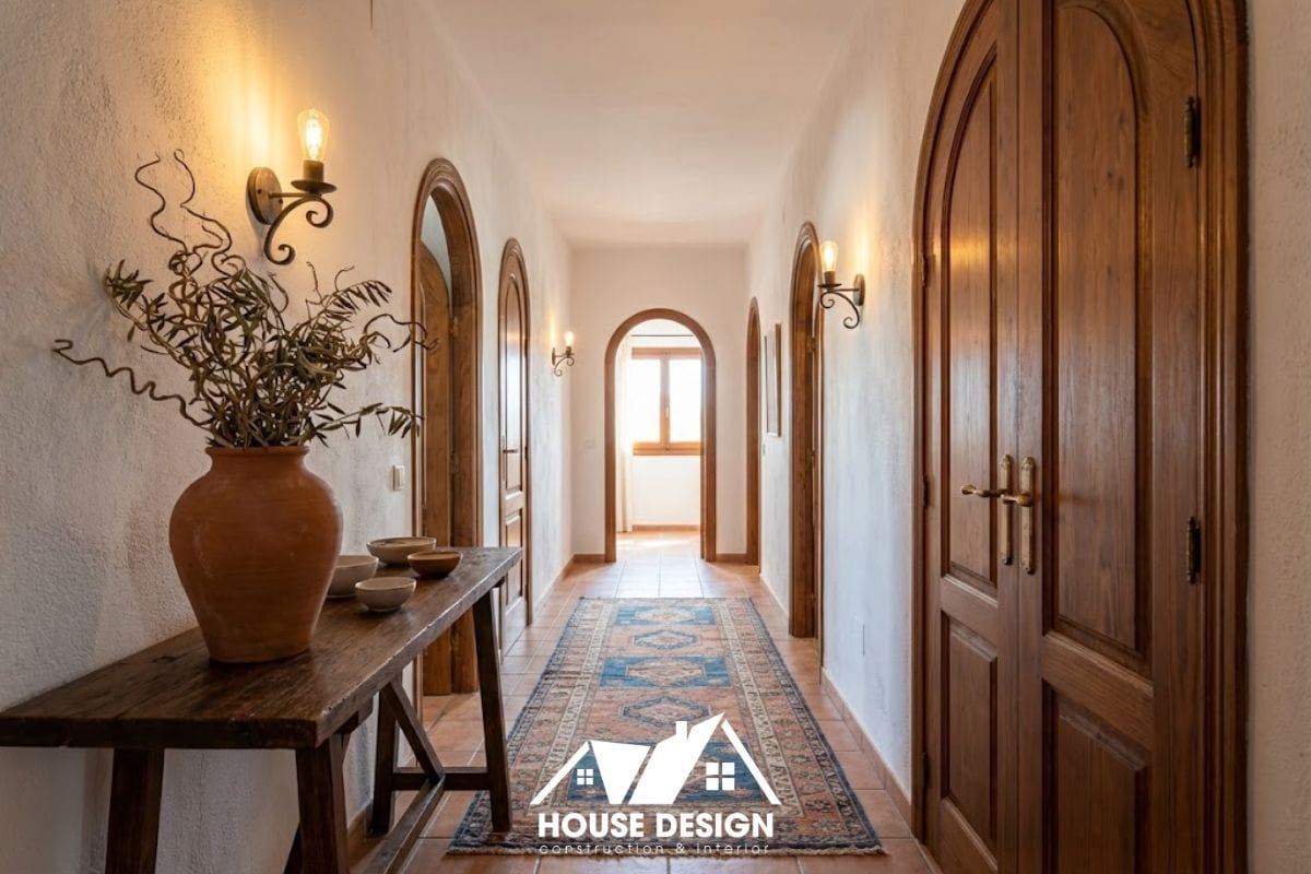 Hành lang căn hộ chung cư được thiết kế với các khung cửa vòm đặc trưng của phong cách Địa Trung Hải.