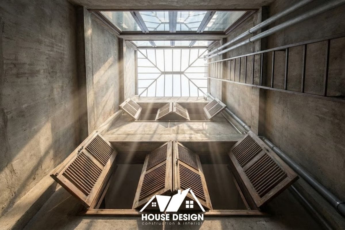 Hệ thống cửa sổ lá sách và khoảng thông tầng giúp hút khí nóng bay lên cao và thoát ra ngoài (hiệu ứng ống khói).