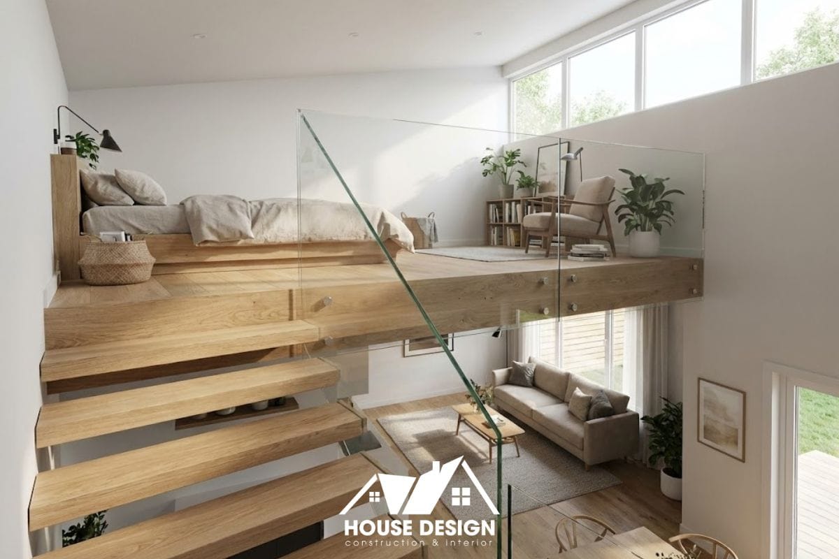 Thiết kế gác lửng hiện đại cho nhà cấp 4 mái ngói, sử dụng cầu thang gỗ và lan can kính giúp mở rộng không gian sống.