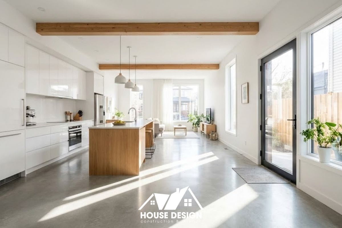 Góc nhìn từ khu vực bếp nấu ngược ra phía cửa chính phòng khách, ánh sáng tự nhiên tràn ngập toàn bộ chiều sâu ngôi nhà.