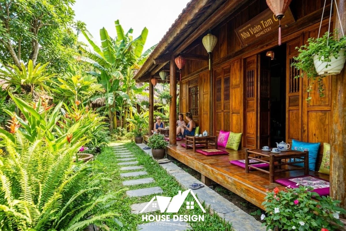 Homestay nhà gỗ cũ với hiên rộng, bàn trà và lối đi lát đá giữa vườn cây xanh mát.