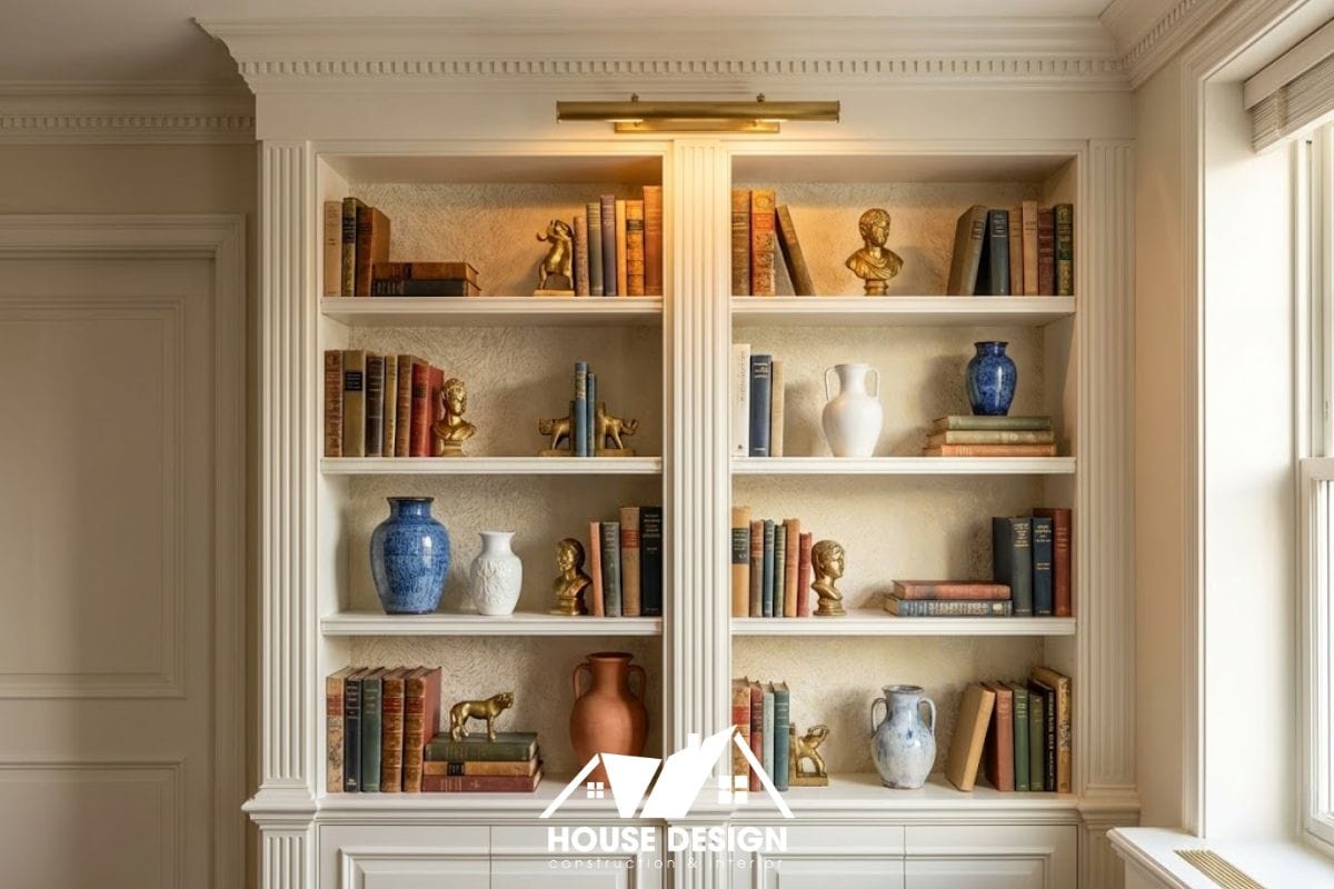 Hệ kệ sách âm tường trang trí đồ decor và sách nghệ thuật trong chung cư phong cách tân cổ điển.